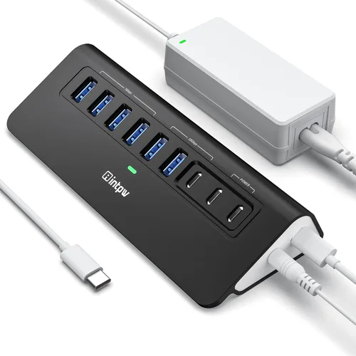 Vista 13 de Concentrador USB alimentado de 10 Gbps, intpw de 9 puertos USB 3.2, concentrador USB C con USB A/USB C 3.2, 4 USB 3.0, 2 puertos de carga PD de 45