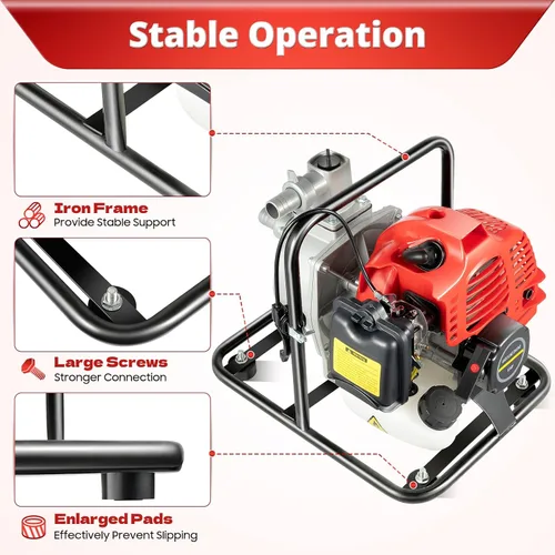 Vista 4 de Bomba de agua de gasolina, 43CC 2HP 7000rmp Bomba de agua industrial de 2 tiempos de gasolina refrigerada por aire, bomba de alta presión para riego