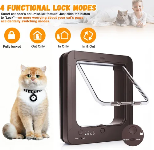Vista 5 de Puerta inteligente para gatos con sensor de 3 collares, collar de puerta de gato RFID activado con control remoto, bloqueo de 4 vías, puerta Marrón