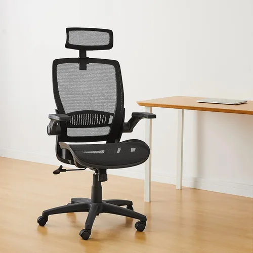 Vista 2 de Amazon Basics Silla ergonómica de escritorio con respaldo alto, cómodos reposabrazos abatibles, asiento de malla contorneada, giratorio, negro, 25.5