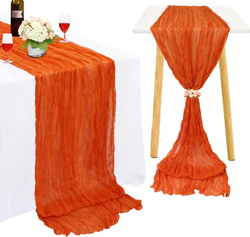 Vista 18 de Camino de mesa de gasa color dorado, 36 x 120 pulgadas, tela rústica de queso, 10 pies, camino de mesa bohemio transparente para recepción, fiesta