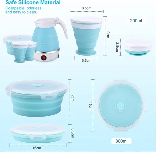 Vista 4 de Hervidor Eléctrico Portátil de Tamaño de Viaje, 600ML Pequeño Plegable para Té y Café con Tazón y Tazas Colapsables, 5 Minutos de Agua en Ebullición