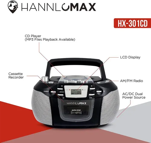 Vista 3 de HANNLOMAX HX-301CD CD/MP3 Boombox, radio AM/FM, grabadora de cassette, grabaciones de CD o radio, conector para auriculares, pantalla LCD, fuente