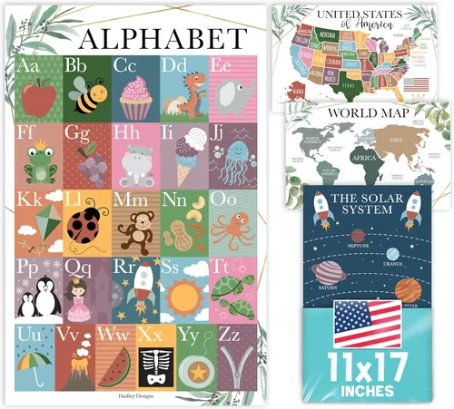 Vista 9 de Hadley Designs 4 carteles del alfabeto, mapa de Estados Unidos, mapa del mundo y sistema solar, gráficos ABC laminados para decoración de pared