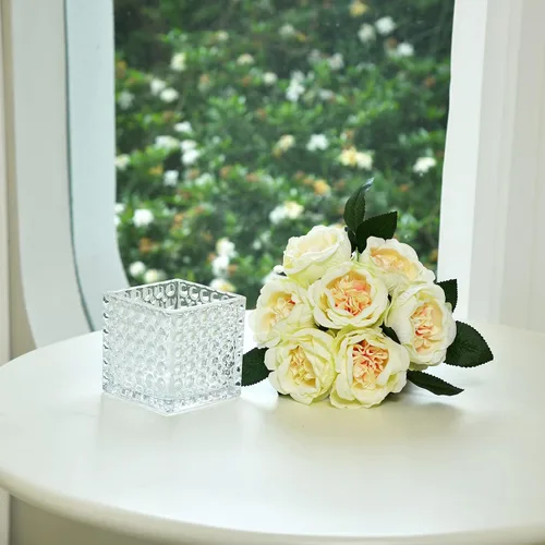 Vista 6 de Centros de Mesa de Flores de Peonía de Seda Artificial Arreglo Floral Falso en Florero de Vidrio para Decoración de Mesa de Boda en Casa (Champán)
