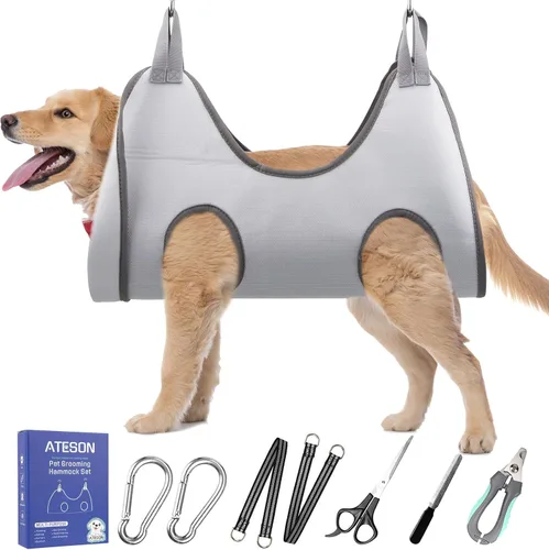 Vista 12 de Hamaca de aseo para mascotas para perros y gatos pequeños – Eslinga para recortar uñas con cortaúñas, lima de uñas y tijeras – Arnés de aseo