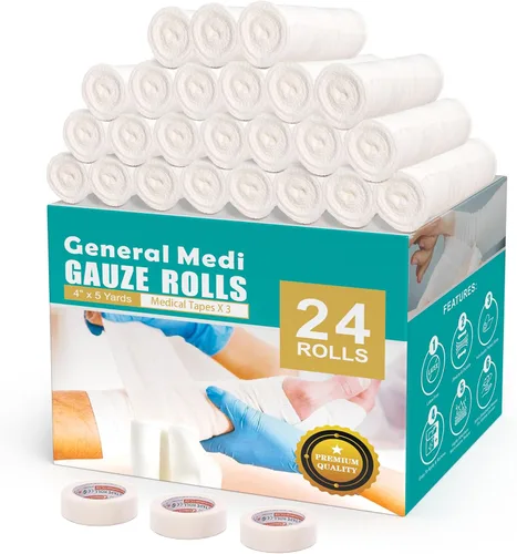 Vista 2 de General Medi Vendaje conforme, paquete de 24 rollos de vendaje de gasa con 3 cintas médicas adicionales (4 pulgadas x 5 yardas estiradas)