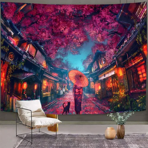 Vista 9 de Aidatain Tapiz de anime japonés antiguo japonés de paisaje de calle nocturna, tapiz de farol de flor de cerezo, tapiz grande de 80 x 60 pulgadas