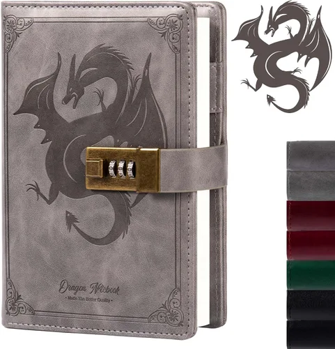 Vista 17 de TIEFOSSI Diario de Cuero Dragón, Cuaderno de Tapa Dura, Diario Recargable con Cerradura, Cuadernos de Escritura con Papel Rayado/En Blanco