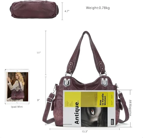 Vista 36 de Angel Barcelo - Bolsa de hombro amplia para mujer, diseño Hobo, cuero lavado