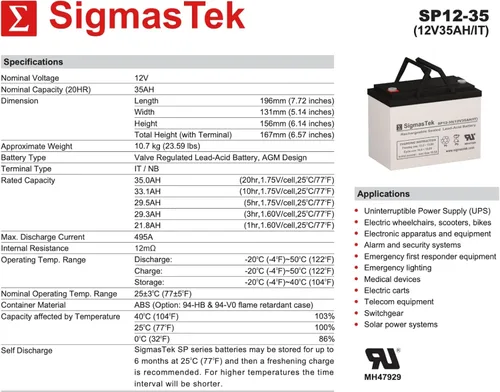 Vista 3 de SigmasTek C&D Technologies DCS-33IT - Batería compatible con 12 V, 35 Ah, IT, U1 SP12-35 (IT)