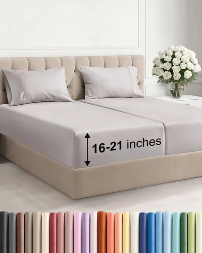 Vista 59 de Juego de sábanas tamaño Queen con bolsillos extra profundos, sábanas transpirables y refrescantes de 4 piezas, ropa de cama de lujo para hotel