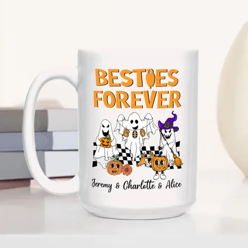 Vista 4 de Taza de café blanca personalizada de Halloween Besties, Besties Forever y 3 tazas de café Boo de 11 onzas y 15 onzas, bonita taza de cerámica Boo