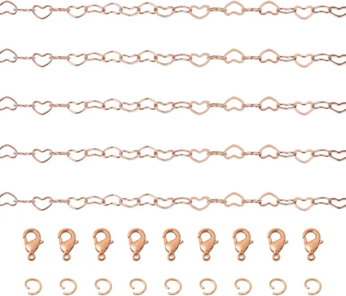 Vista 7 de PH PandaHall Cadenas de eslabones de corazón de latón de 16.4 pies, cadenas de corazón chapadas en oro rosa de 18 quilates, cadenas de joyería