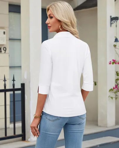 Vista 2 de siliteelon Camisas con botones para mujer, manga 3/4, elástica, ajustada, sin arrugas, cuello para negocios, trabajo, tops