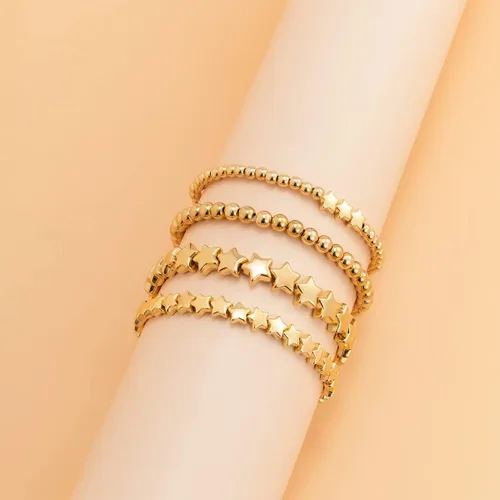 Vista 4 de Xerling 4 pulseras de cuentas doradas para mujer, pulseras de cadena de bolas de estrellas para adolescentes y niñas, pulsera elástica elástica