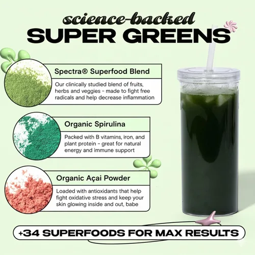 Vista 5 de Kiala Nutrition Super Greens en polvo, espirulina, polvo orgánico de superalimentos verdes que apoya la salud intestinal, deshinchazón para mujeres