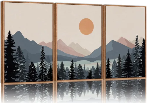 Vista 30 de Tinonedraw Arte de Pared en Lienzo Enmarcado de Paisaje de Montaña Beige, Decoración de Pared Moderna Abstracta de Mediados de Siglo, Arte de Lago