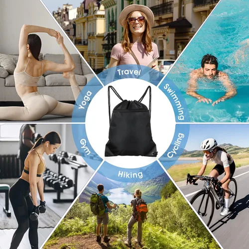 Vista 7 de Black Drawstring Backpack Bag Draw String Back Bag for Men Women, Lightweight Cinch Sack Sport Gym Backpack Bags for Beach Travel Yoga Swimming