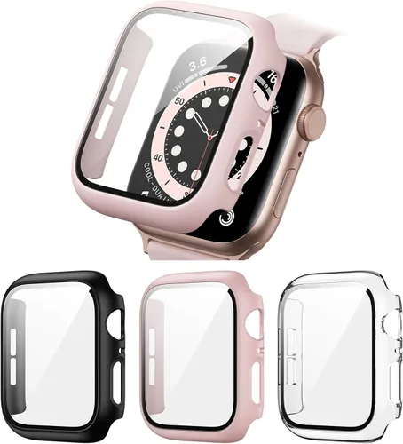 Vista 18 de Paquete de 2 fundas rígidas de policarbonato compatibles con Apple Watch, con protector de pantalla de cristal templado sin burbujas para accesorios