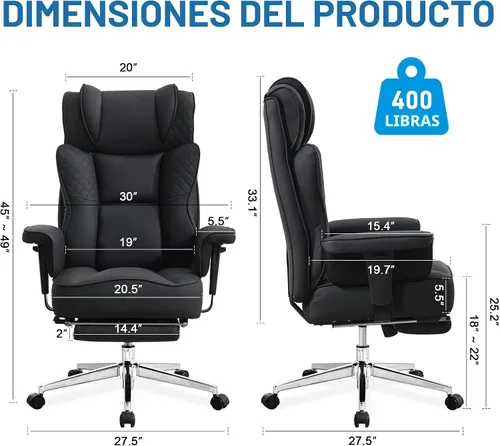 Vista 2 de Silla de oficina grande y alta, silla reclinable ergonómica de cuero con reposapiés, cómodas sillas de escritorio ejecutivas para computadora