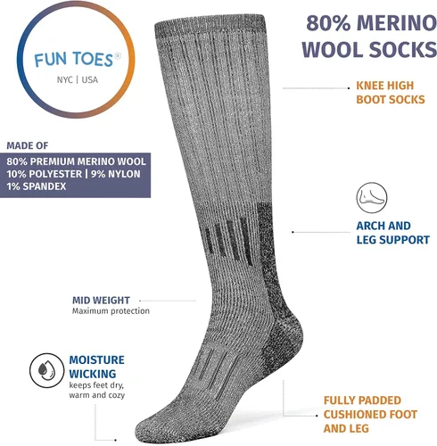 Vista 2 de FUN TOES Calcetines de lana merino 80% para botas hasta la rodilla, calcetines de senderismo de lana perfectos para invierno en 3 colores, 3 pares