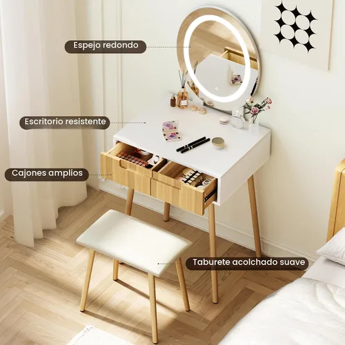 Vista 3 de Tocador pequeño con espejo y luces, tiradores de madera con taburete acolchado, 3 modos de iluminación, mesa redonda de maquillaje con rieles