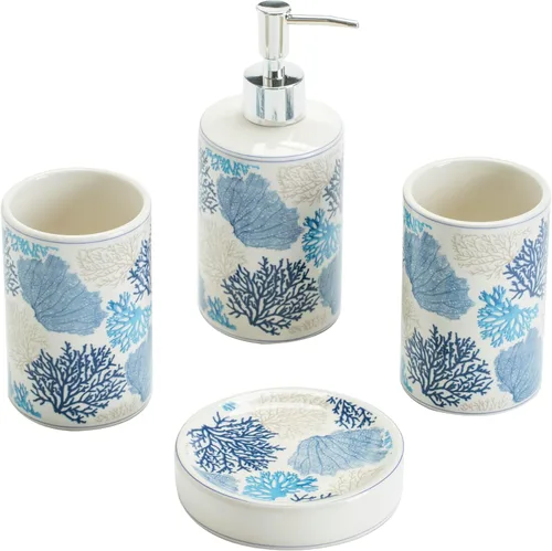 Vista 2 de Juego de accesorios de baño de coral azul, porcelana, decoración de baño costero, dispensador de jabón, soporte para cepillo de dientes, bandeja