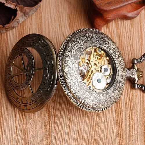 Vista 6 de Bronze Men's Antique Mechanical Pocket Watch, Skeleton Mechanical Roman Numerals Pocket Watch with Chain + Box
