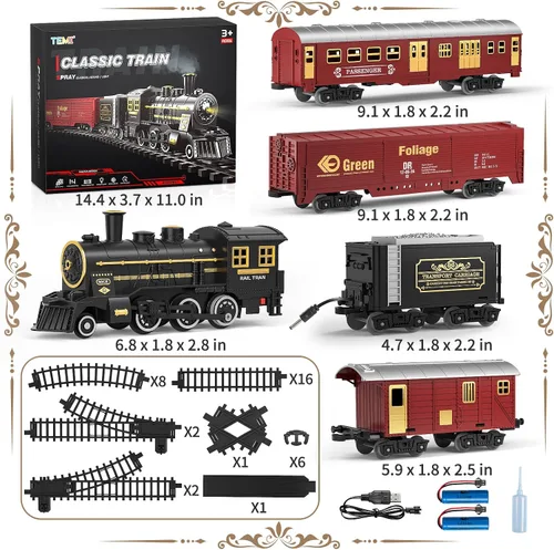 Vista 2 de TEMI Juego de tren para niños de 3 a 12 años, locomotora eléctrica clásica con vapor, luz y sonidos, modelo recargable, kit de trenes de juguete