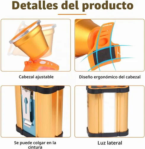 Vista 6 de Linterna de cabeza LED recargable superbrillante con 3 modos de iluminación, paquete de batería externa, faro portátil impermeable para campamento