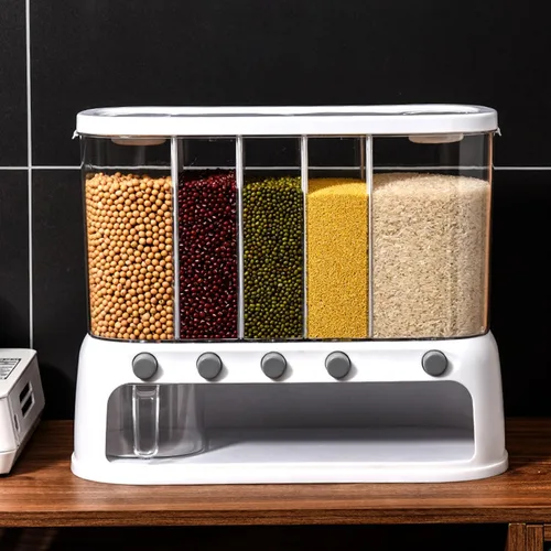 Vista 8 de Yuehuam Dispensador de alimentos secos, 12L montado en la pared, dispensador de granos de 5 rejillas, contenedor de almacenamiento de cereales