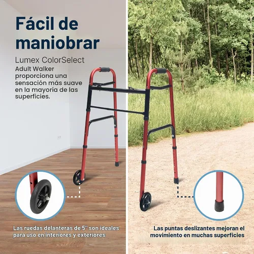 Vista 6 de Lumex ColorSelect Walker, Andador ligero y plegable de 2 ruedas para adultos y personas mayores, rojo