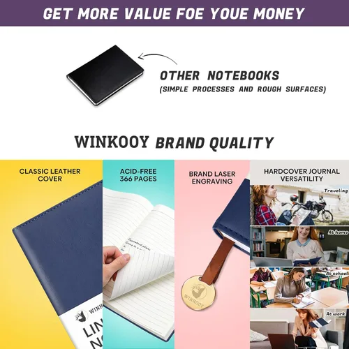 Vista 6 de Winkooy Cuaderno rayado, 366 páginas, 100 g/m² cuadernos con tapa dura de cuero para escribir, cuaderno clásico rayado A5 grueso para la universidad