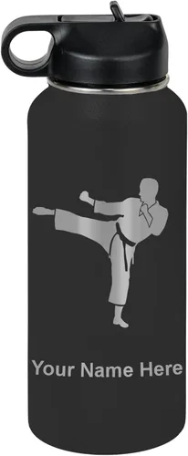 Vista 48 de Botella de agua personalizada LaserGram, Karate Man, de acero inoxidable con aislamiento al vacío de doble pared con tapa abatible, regalo grabado