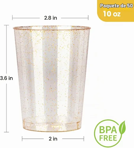 Vista 3 de Goodluck 50 vasos de plástico con purpurina dorada de 10 onzas, vasos desechables con purpurina, elegantes vasos de cóctel de plástico, vasos