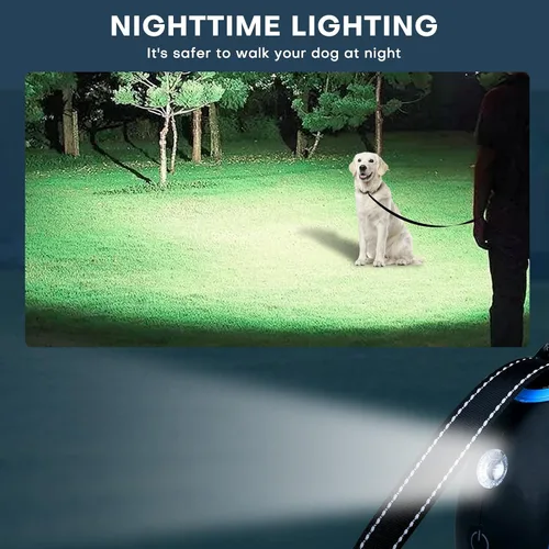 Vista 4 de Correa retráctil con cable a prueba de mordeduras y linterna LED para perros pequeños, medianos y grandes de hasta 110 libras, correa resistente
