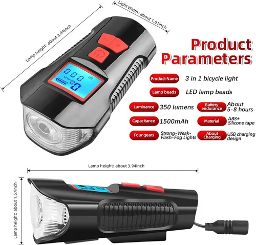 Vista 6 de Juego de 6 luces LED multifuncionales impermeables superbrillantes para bicicleta, carga USB, faro delantero de bicicleta y luz trasera trasera