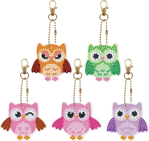 Vista 10 de 5pcs DIY 5D colorido búho diamante pintura llavero kits doble cara búho diamante arte llavero llavero