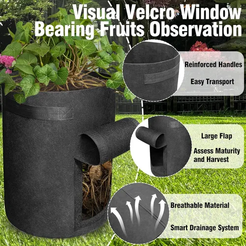 Vista 3 de Gardzen Paquete de 6 bolsas de cultivo de verduras sin BPA de 10 galones con solapa de acceso y asas, adecuadas para plantar papas, taro