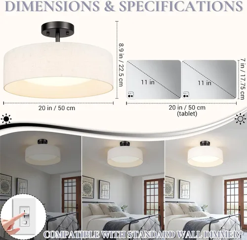 Vista 12 de Hamilyeah Lámpara de techo semiempotrada con pantalla de tela blanca, lámparas LED de 12 pulgadas para montaje en techo, lámpara de techo LED