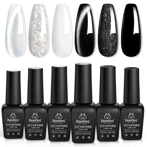 Vista 9 de Beetles - Juego de esmaltes de gel blanco y negro, 6 colores plateados, ojo de gato, purpurina brillante con imán, arte de uñas UV LED, hogar, salón