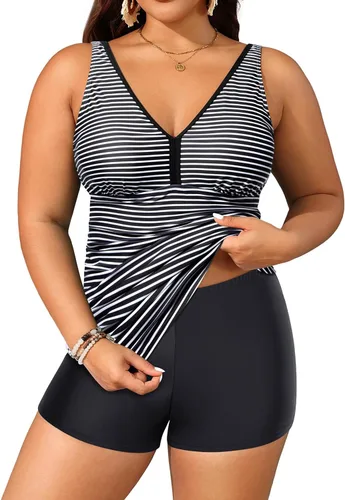 Vista 23 de Yonique Trajes de baño de talla grande para mujer con shorts, control de abdomen, tankini de dos piezas, traje de baño deportivo Aqua y flor azul
