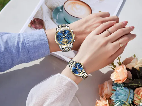 Vista 3 de OLEVS Juego de relojes mecánicos automáticos para parejas, reloj a juego para él y para ella, regalos del día de San Valentín