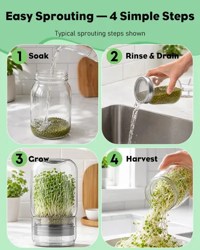 Vista 3 de Pawfly Sprouting Jar Kit with 16.9 Oz (500 mL) Mason Jars， 2 Packs 2 Packs, Curved-shoulder Glass Jars, Stainless Steel Mesh Lids, Home Seed