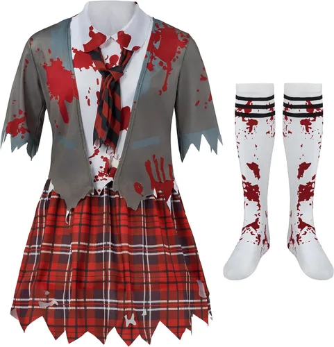 Vista 3 de Spooktacular Creations Disfraz de colegiala zombi, disfraz de zombi sangriento para niños, Halloween, escuela, fiesta de eventos