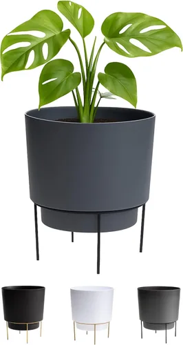 Vista 9 de Bloem Hopson Maceta decorativa de resina con soporte de metal, maceta de 6" para interiores y exteriores con soporte de metal dorado, negro
