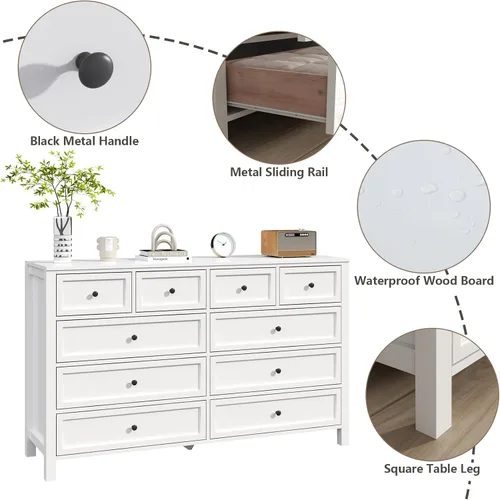 Vista 3 de Cómoda rústica con 10 cajones para dormitorio, cómoda blanca Blanco-10 Cajones