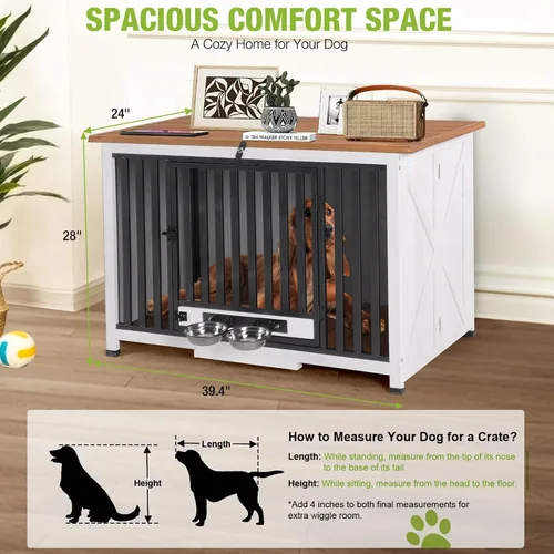 Vista 5 de Muebles plegables para perros de 39.4 pulgadas, mesa auxiliar grande con cuencos extraíbles giratorios de 360°, perrera interior para perros