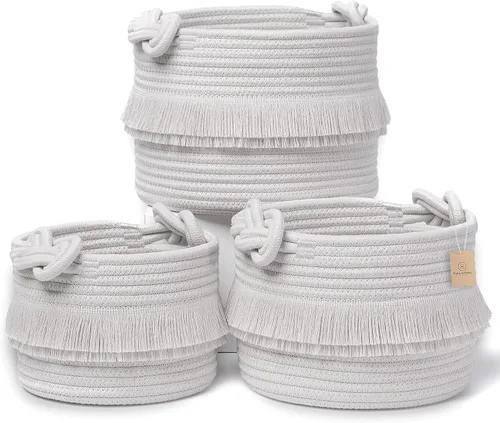 Vista 10 de NaturalCozy - Juego de 3 piezas de cestas de almacenamiento de decoración boho - Cestas tejidas de cuerda de algodón para organizar! Cosas pequeñas